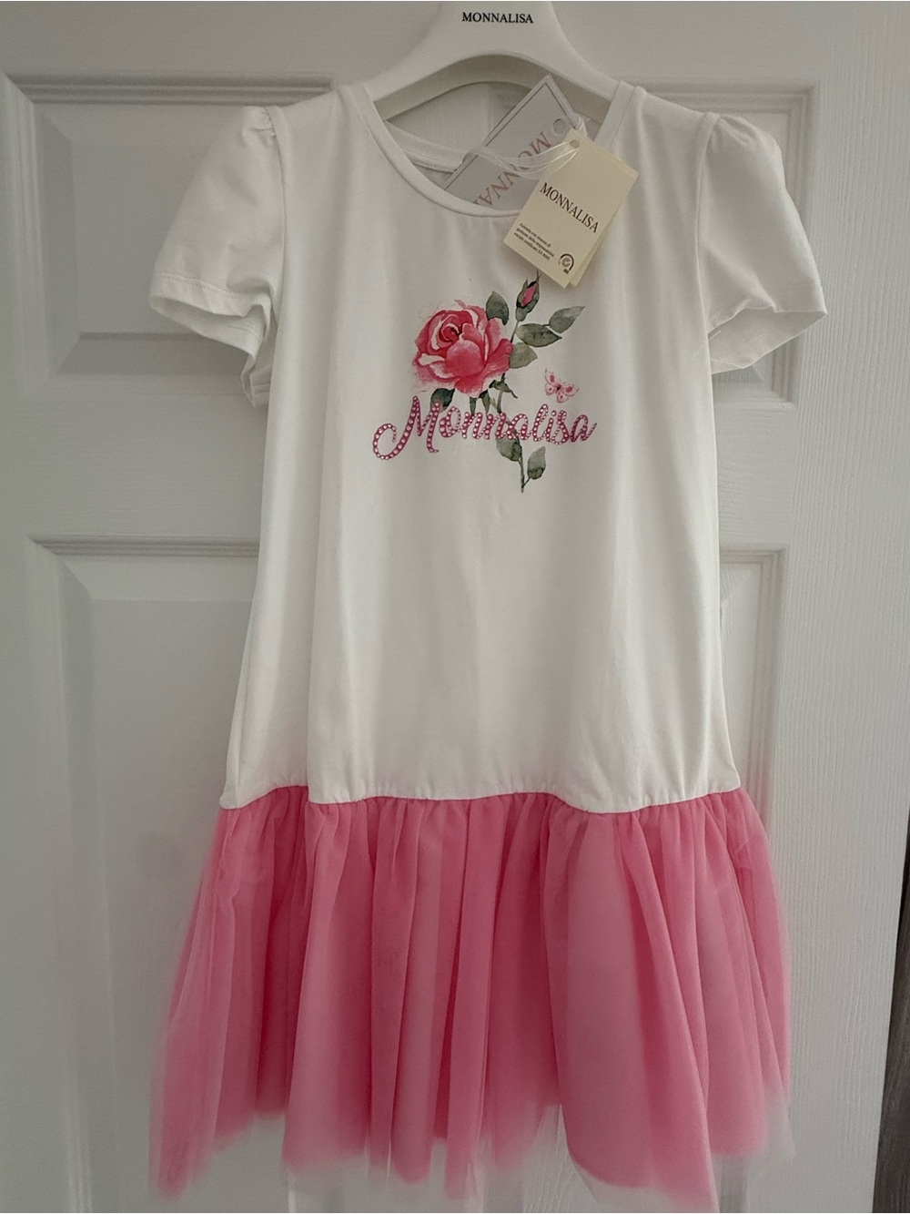 MonnaLisa White and Pink Floral Tulle Dress for Girls